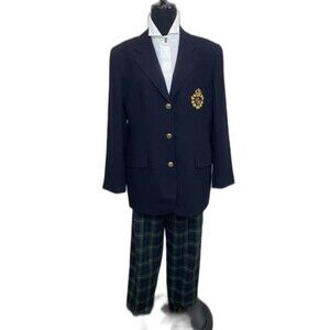 Lauren Ralph Lauren Vtg Blazer Women's 16 Navy Worsted Wool Jacket 3D Gold Crest